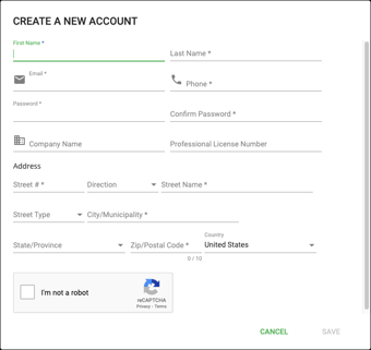 Create A New Account pop-up window